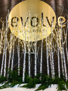 evolve sign with christmas decor
