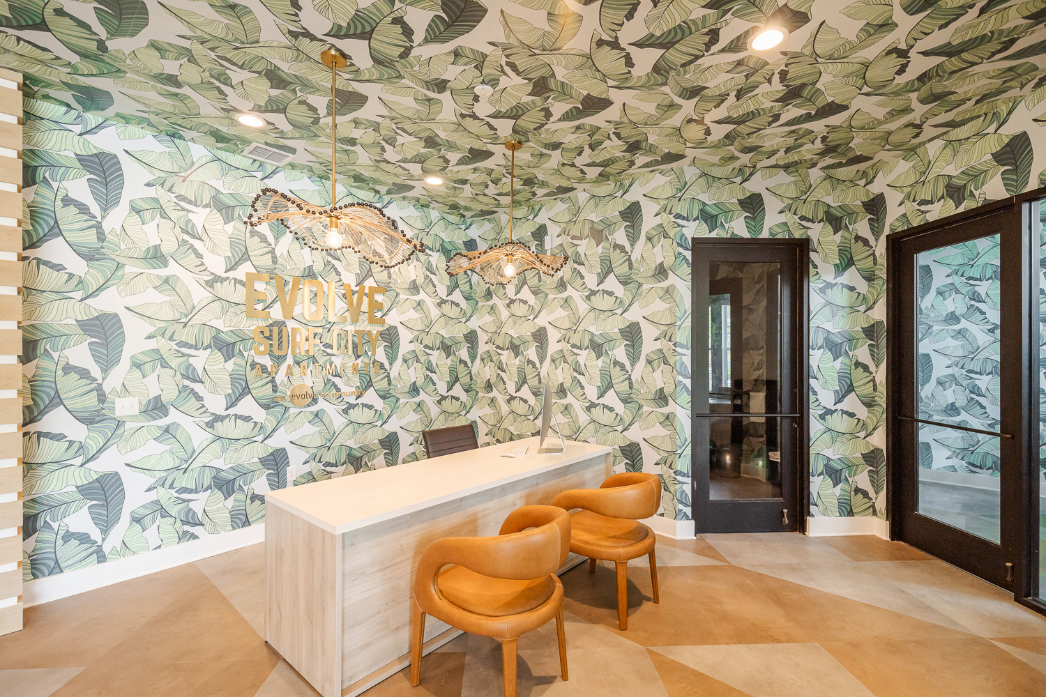 evolve-surf-city-leaf-wallpaper-ceiling-paint-blog evolve surf city leaf wallpaper leasing office ceiling paint blog