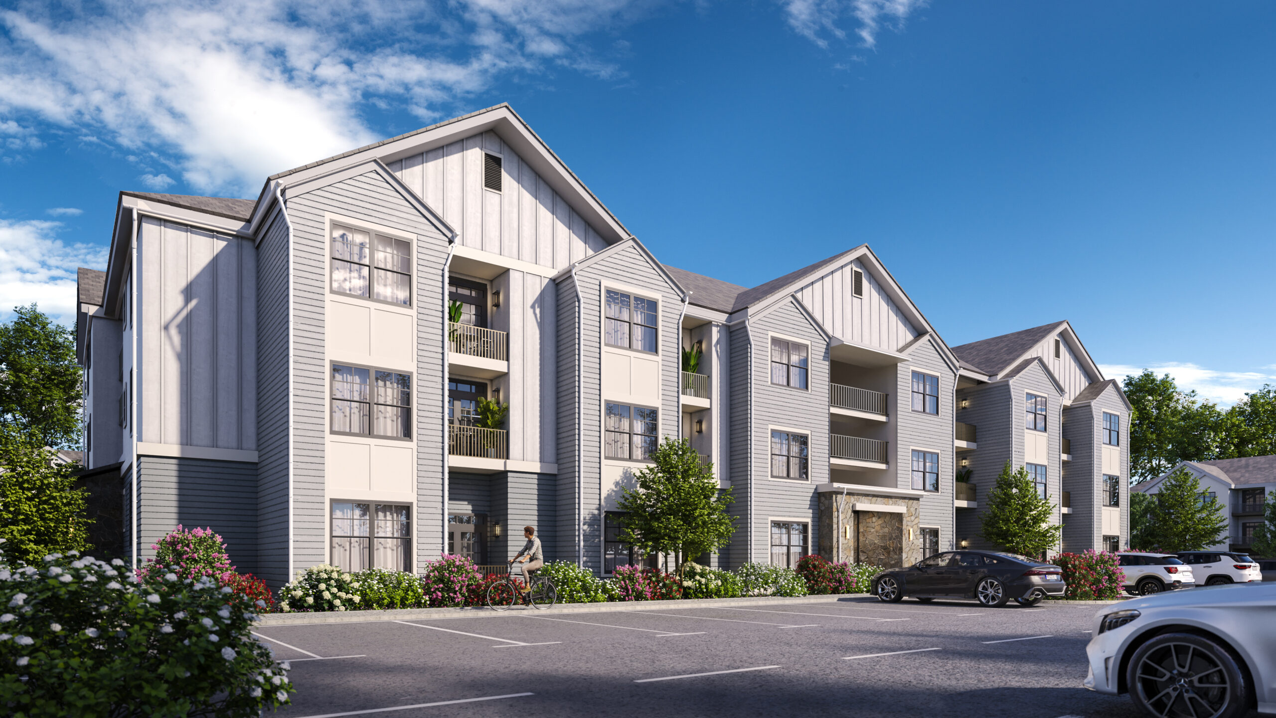 evolve-holly-ridge-rendering rendering of Evolve at Holly Ridge, a new apartment community on a sunny day