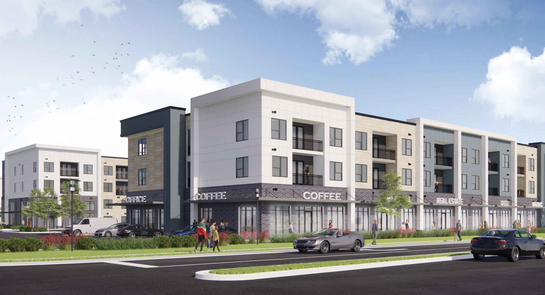 Evolve at Mebane Oaks exterior coffee shop rendering