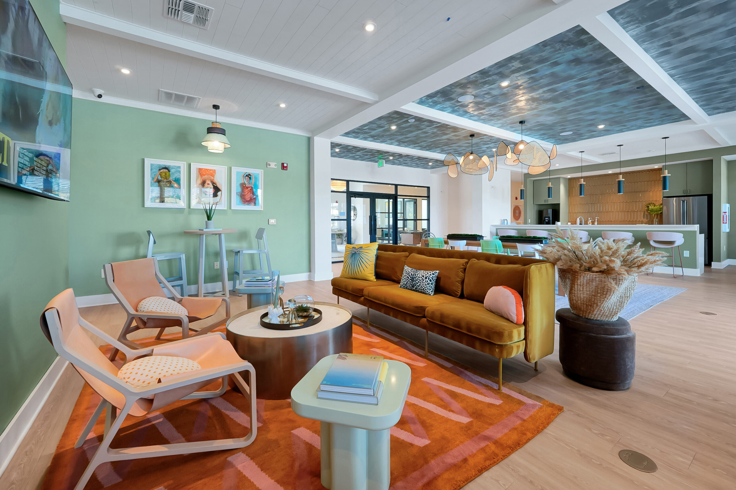 Evolve Palm Coast clubhouse interior with bright colors